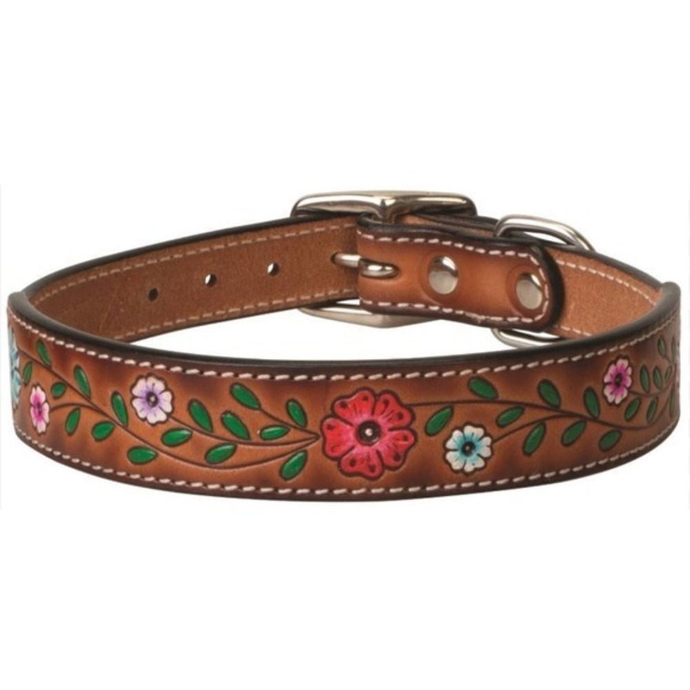 Dog Collar 19" Leather Western Floral Tooled Leather Artisan Buckle NWT‎